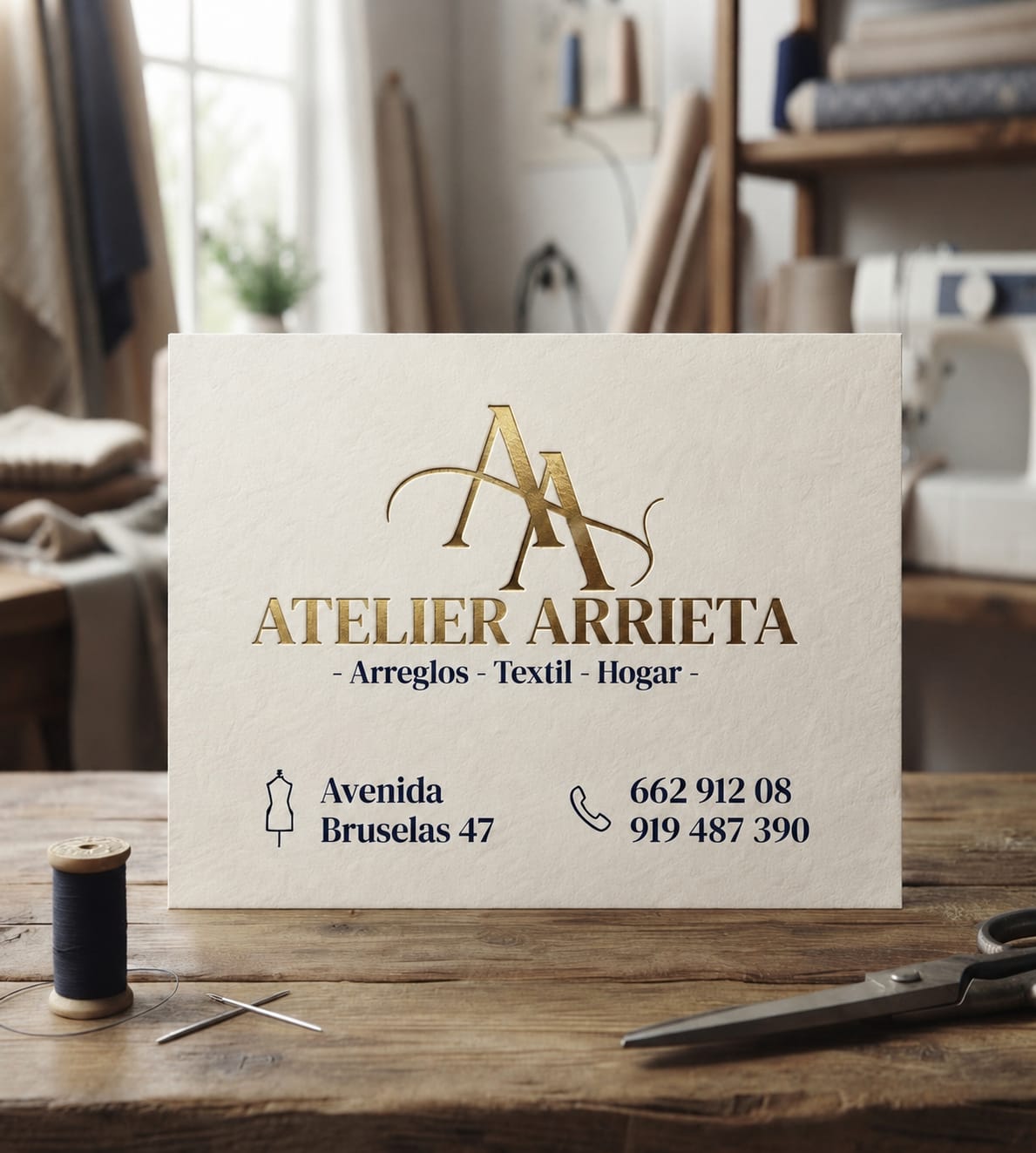 Tarjeta de Atelier Arrieta sobre mesa de costura